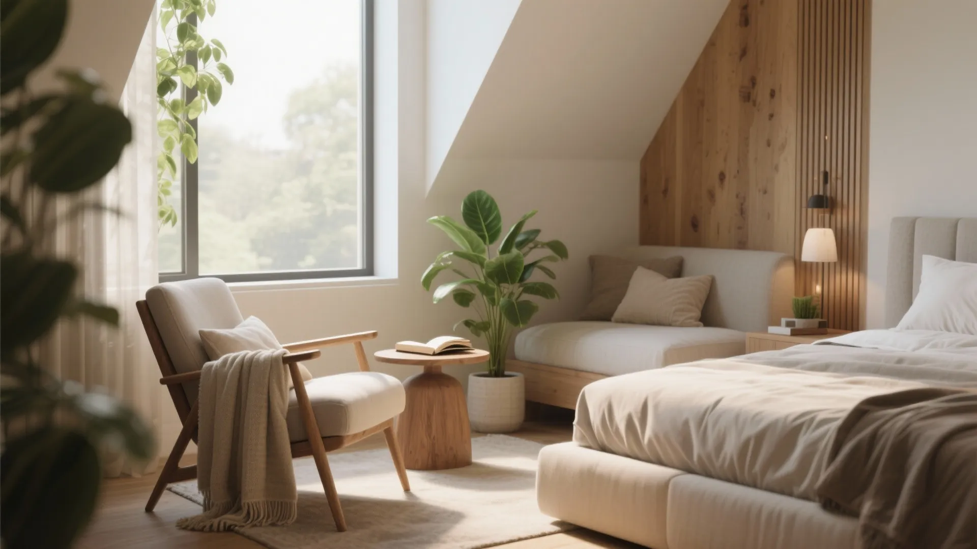 Cozy bedroom reading nook featuring wooden armchair small table sofa plant and bright natural window light