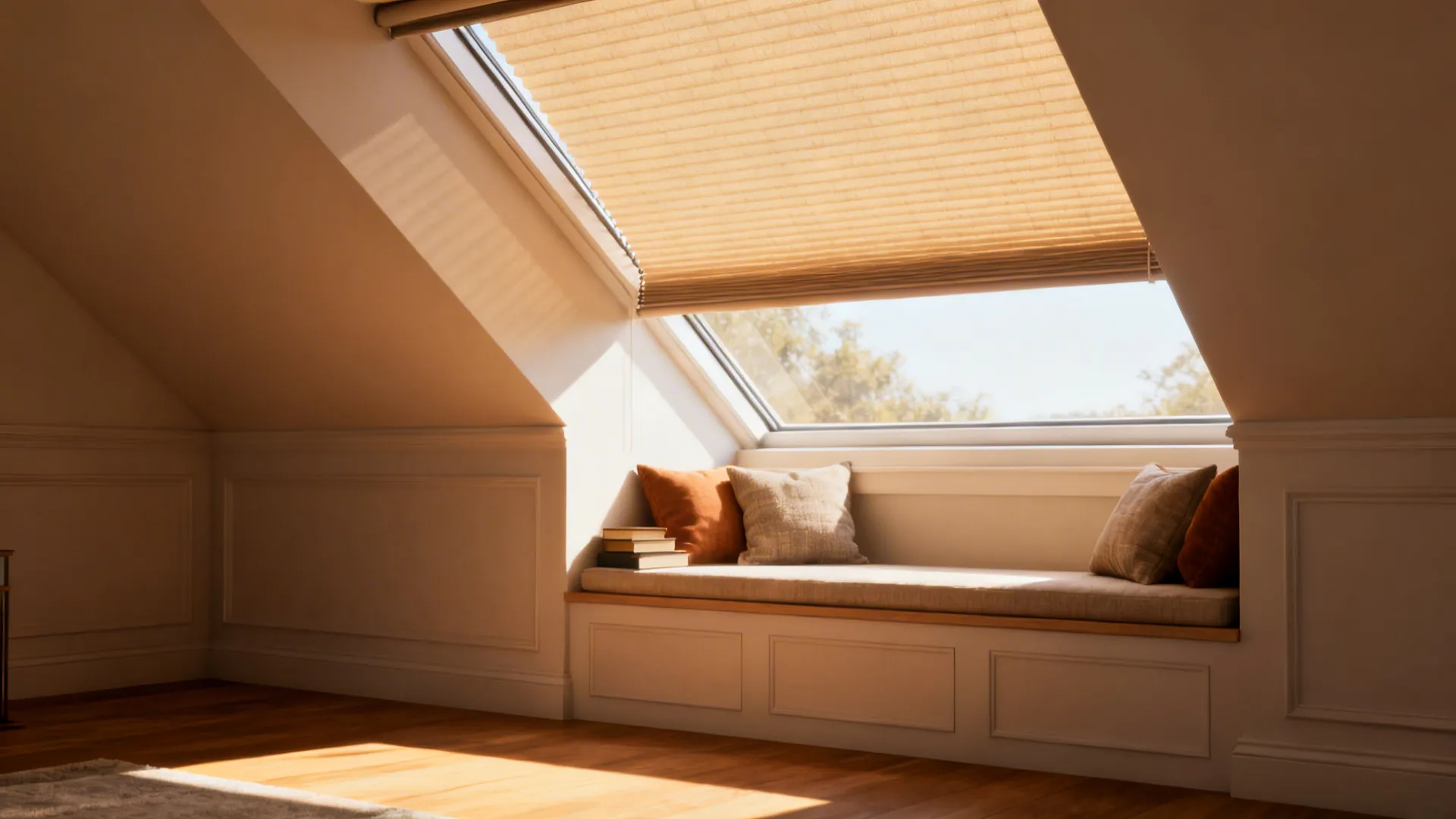 Cozy window seat with pillows under a roof window with brown curtain and wall panels