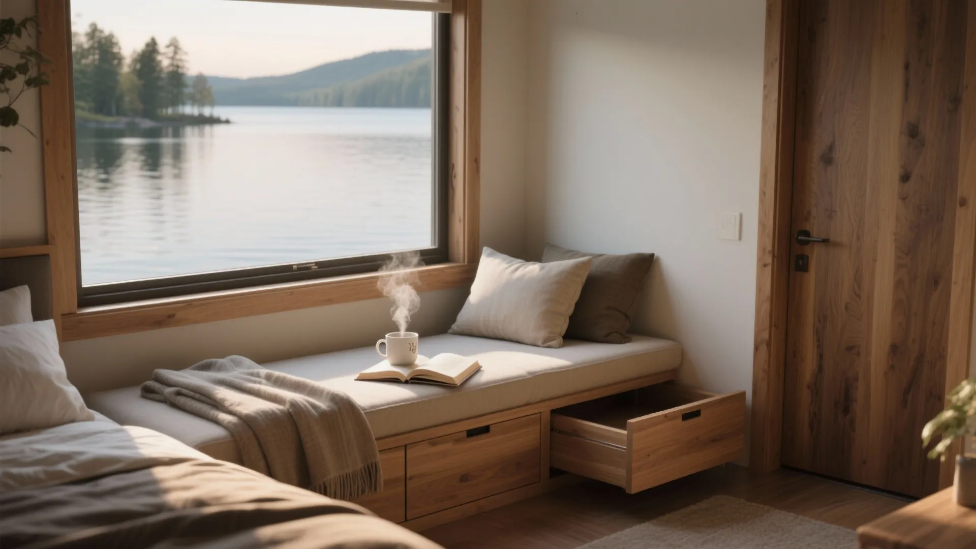 Wooden window seat with storage drawers featuring steaming mug book pillows and a lake view