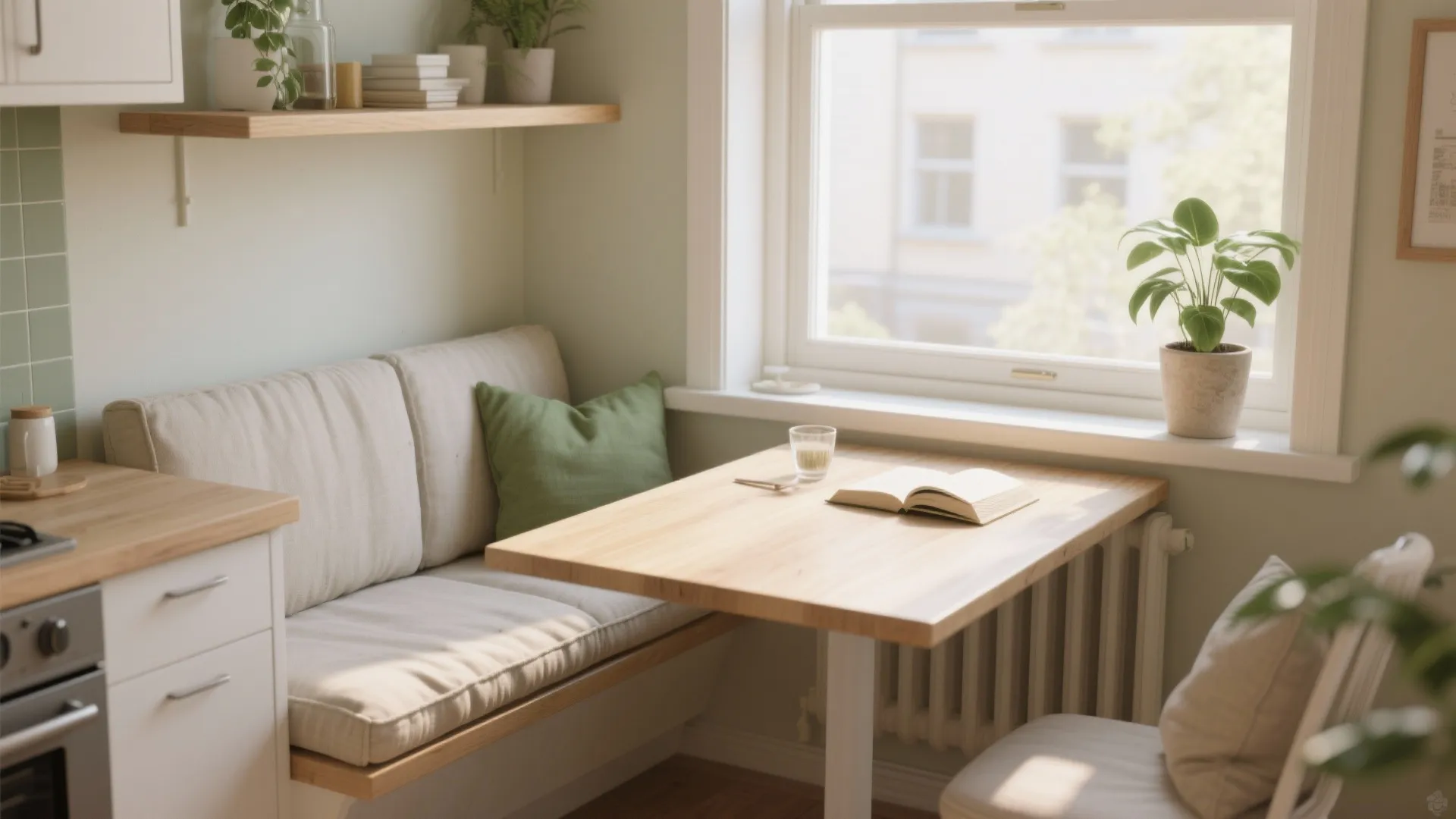 3. Window seat with a floating shelf table