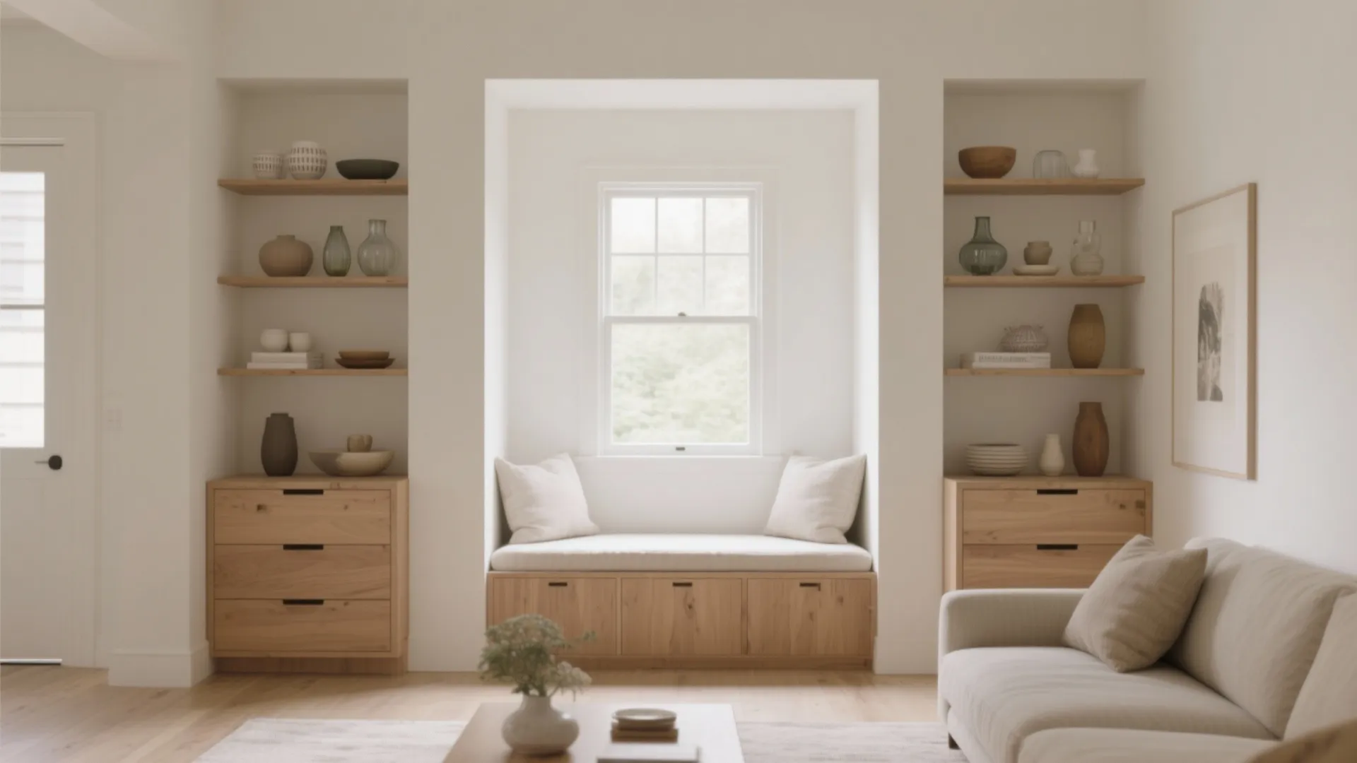 Built-In Window Seat and Slim Shelving