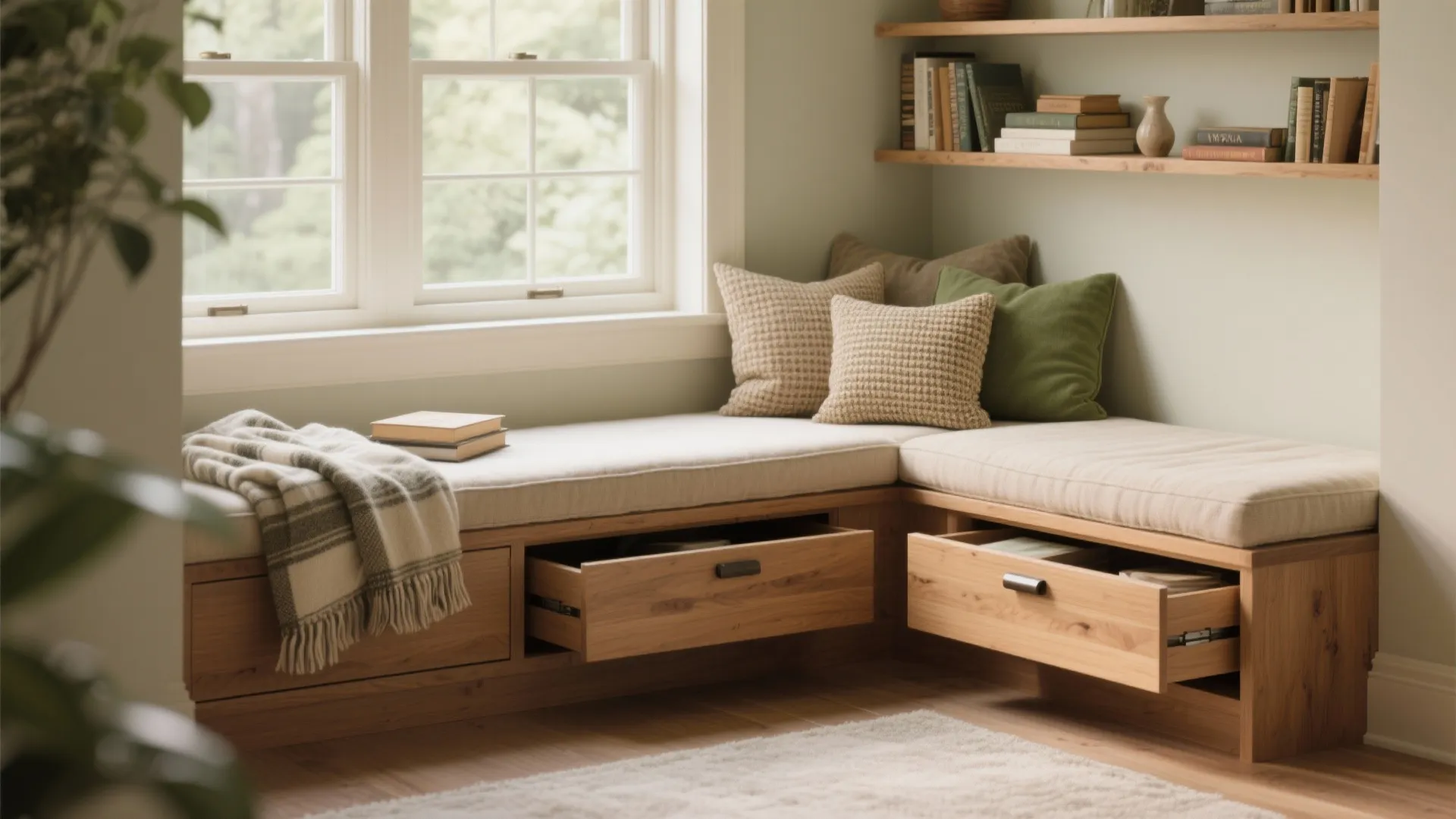 Corner window seat with cushions and wooden storage drawers pulled out near a large window