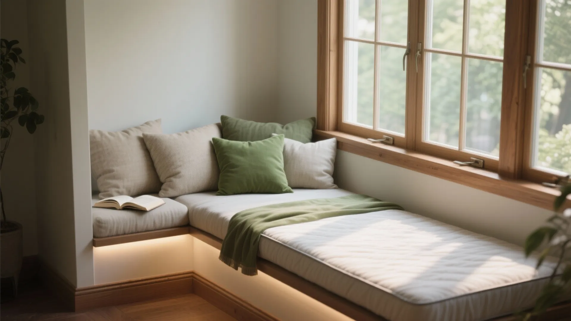 3. Window-seat daybed with cushioning and lighting