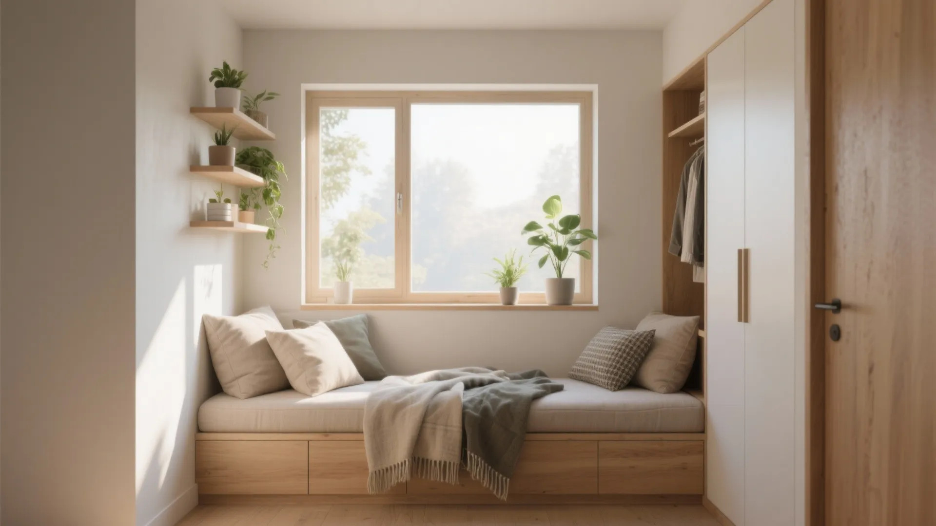 Cozy wooden window seat with soft cushions pillows blanket green plants and a large window