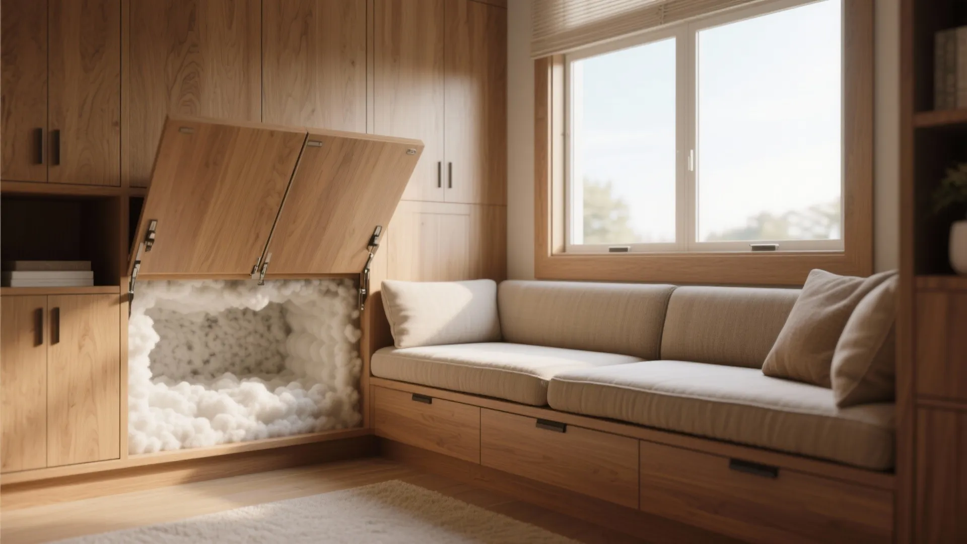Wooden cabinet with open door showing spray foam insulation next to a sofa and window