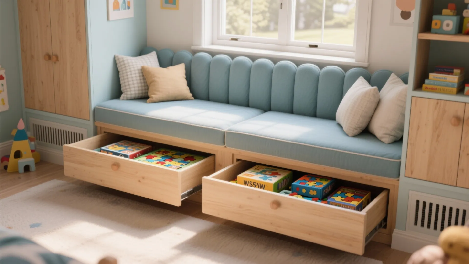 Blue cushioned window seat with two wooden drawers pulled out to show storage for toys