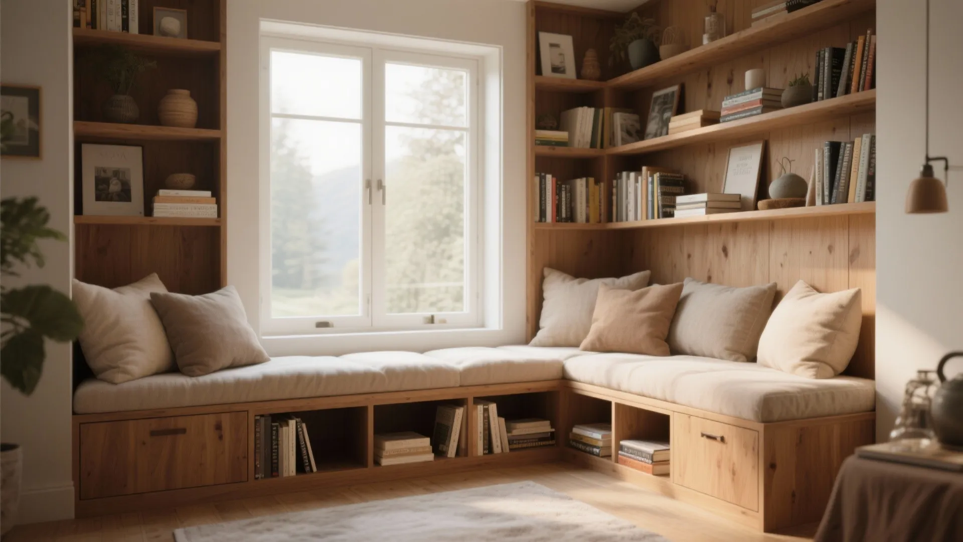 Cozy window-seat with integrated shelving and storage, cushions and daylight in a living room nook.