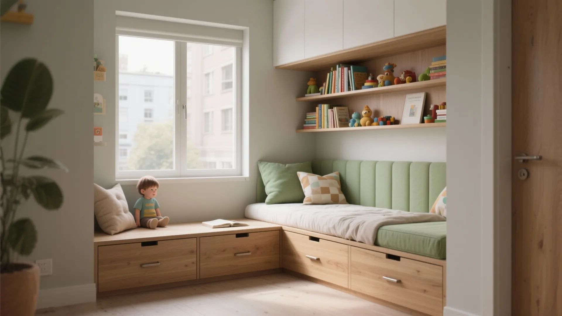 Cozy window seat bed with green cushions wood storage drawers wall shelves and natural light window