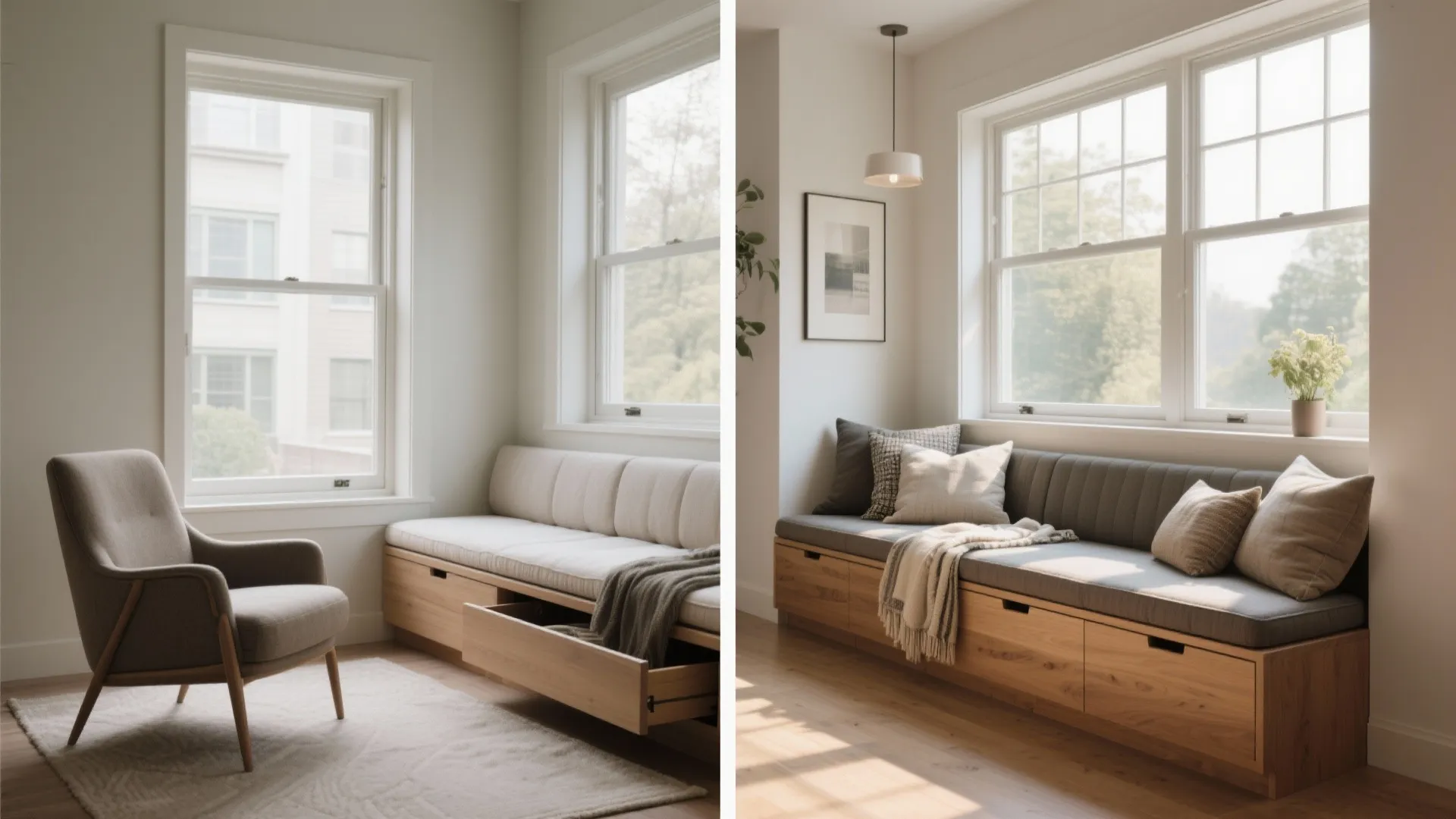 4. Built-in window seat with a slim back cushion