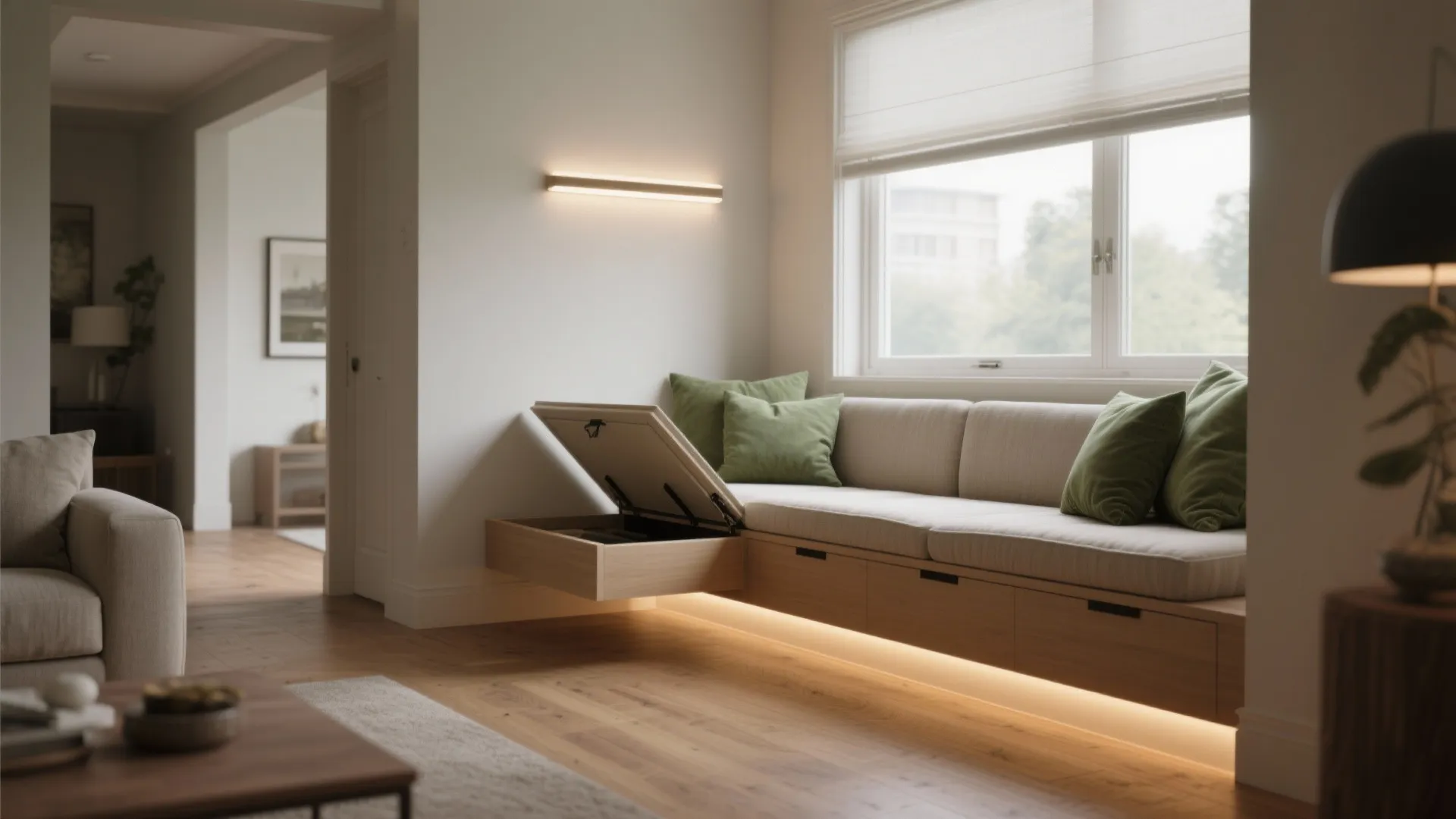 Modern window seat bench with open storage drawer green cushions wall light and natural light