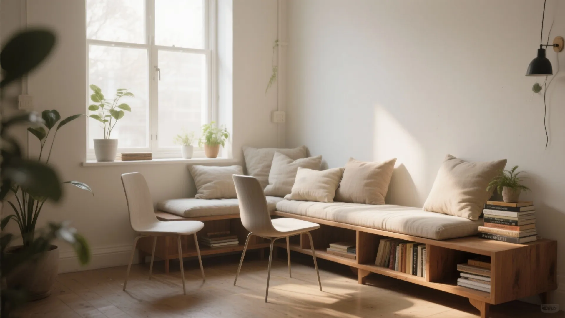 2. Window-seat bench plus a slim side chair