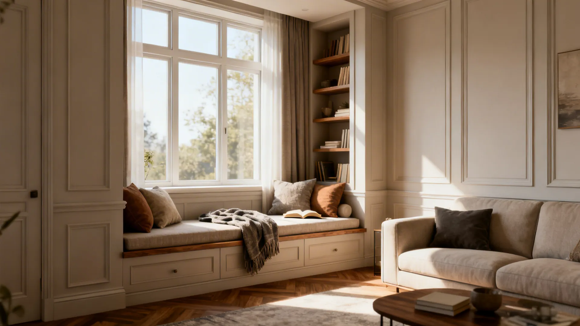 Built-in window bench next to a sofa creating a cozy reading nook with cushions and natural light.