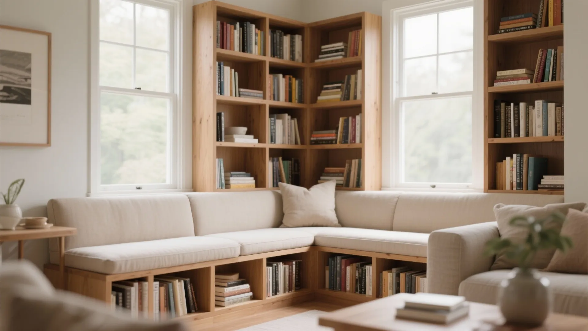Corner window seat integrated with wooden bookshelves filled with books in a cozy reading area