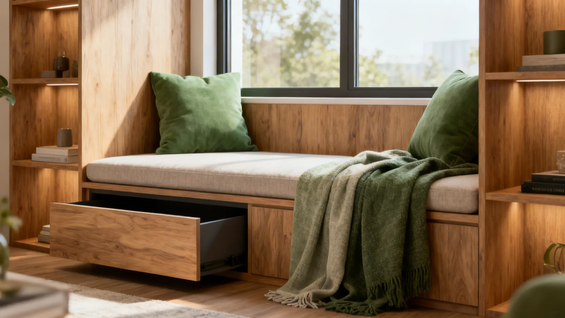 Cozy window seat with built-in shelves and hidden storage, sunlight on cushions