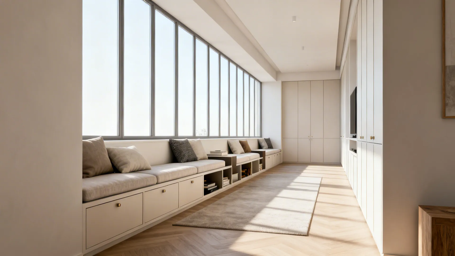 Built-in window seat with storage and seating arranged to face natural light in a narrow living room