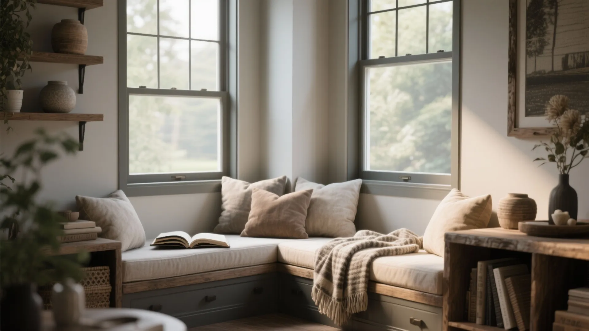 Cozy window seat with beige pillows and an open book near wooden shelves and windows