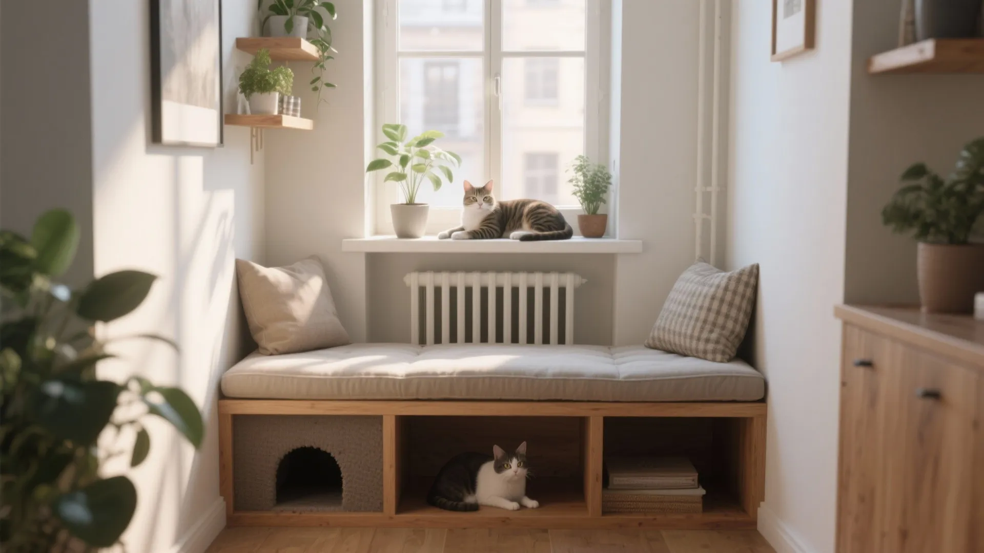 Bright window seat with cat, cozy cushion, radiator, plants, and built-in wooden storage cat bed