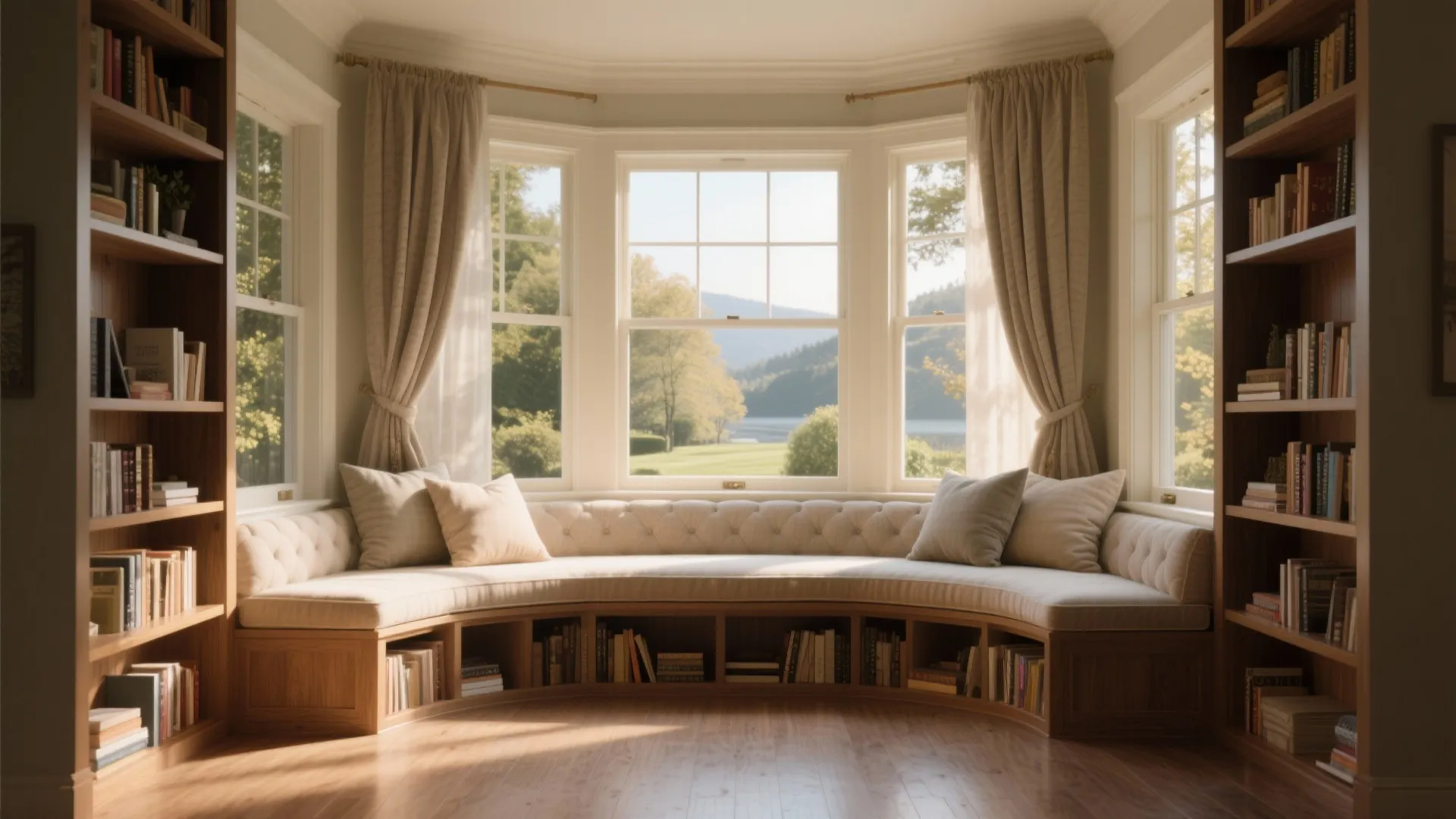 Built in window seat with beige cushions and pillows surrounded by bookshelves and large bright windows
