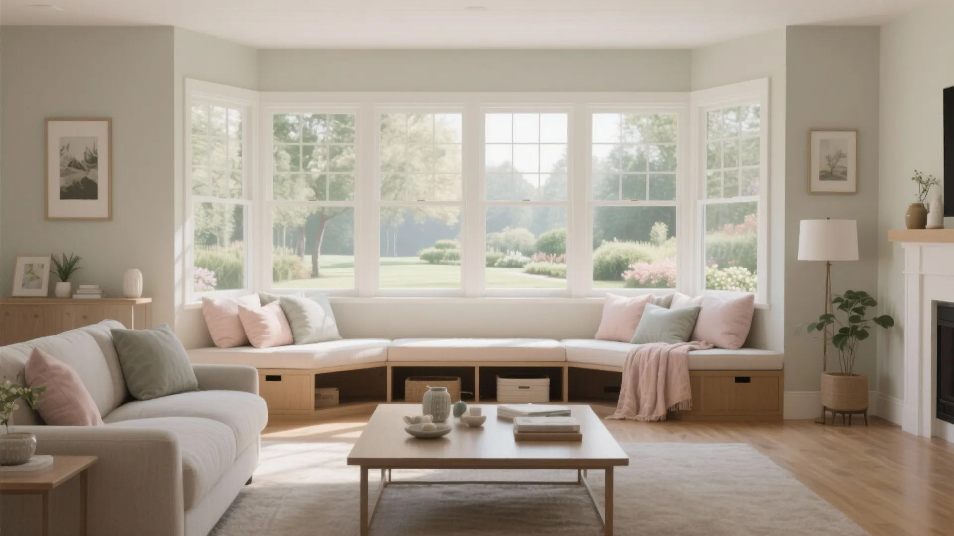 Bright living room featuring a large bay window seat with storage and colorful throw pillows