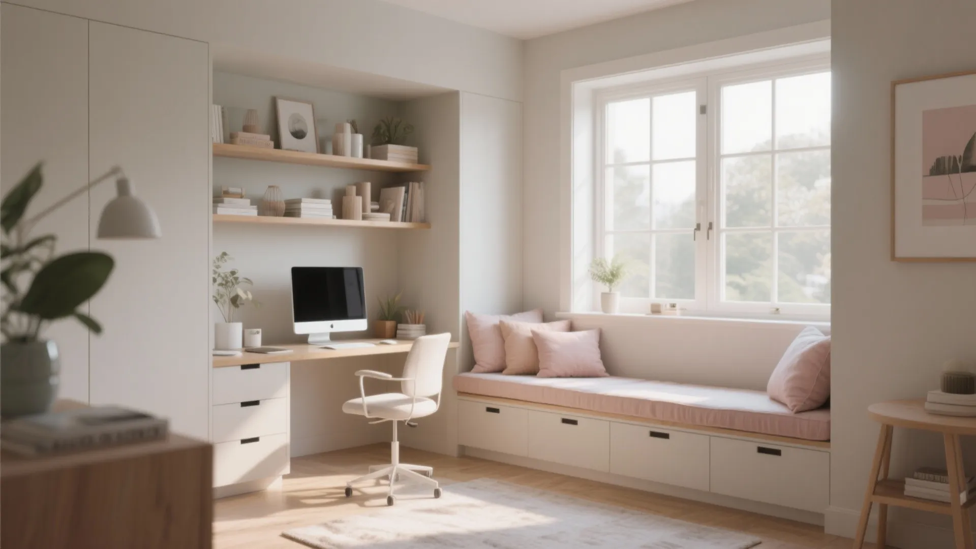 Modern home office with wooden desk white chair pink window seat and large bright window
