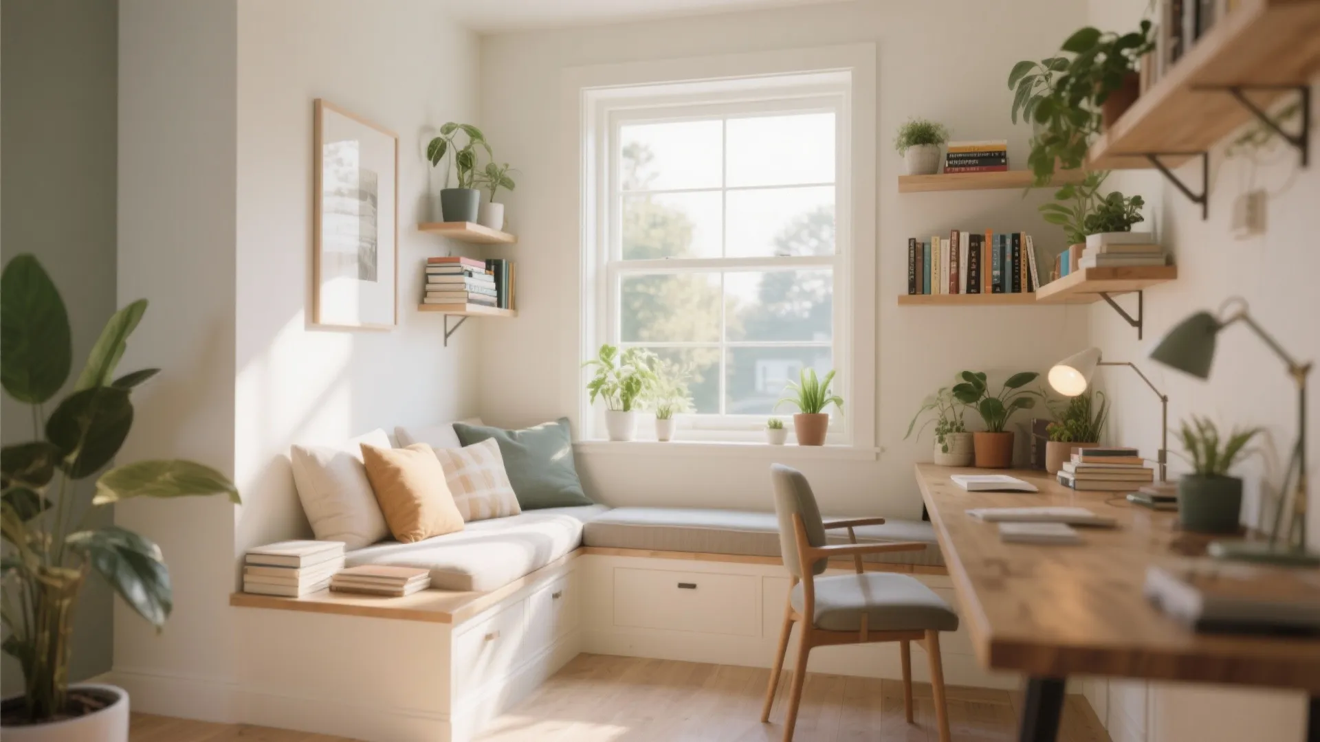 Built-in window seat with desk