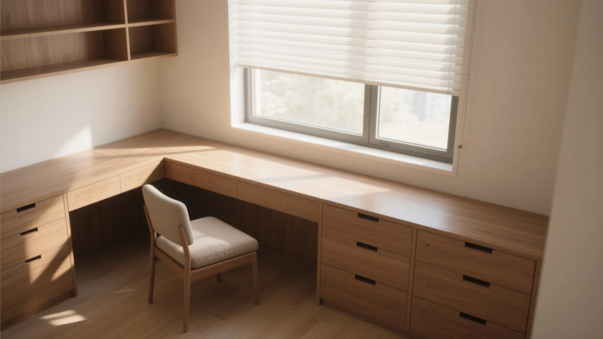Wooden corner desk with drawers under a window with light through blinds and one chair