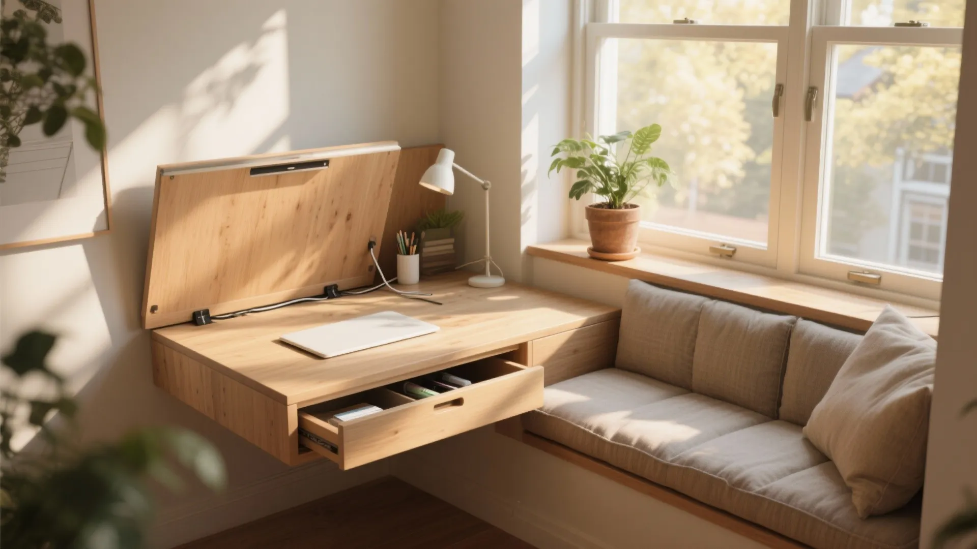 Sunny window-seat desk with hinged top, drawer storage and cushions, ideal for small apartments.