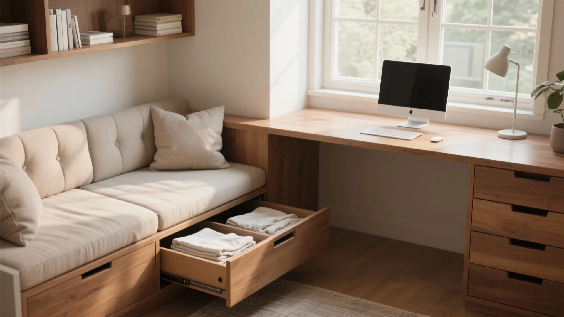 4. Window-seat bench with pull-out desk