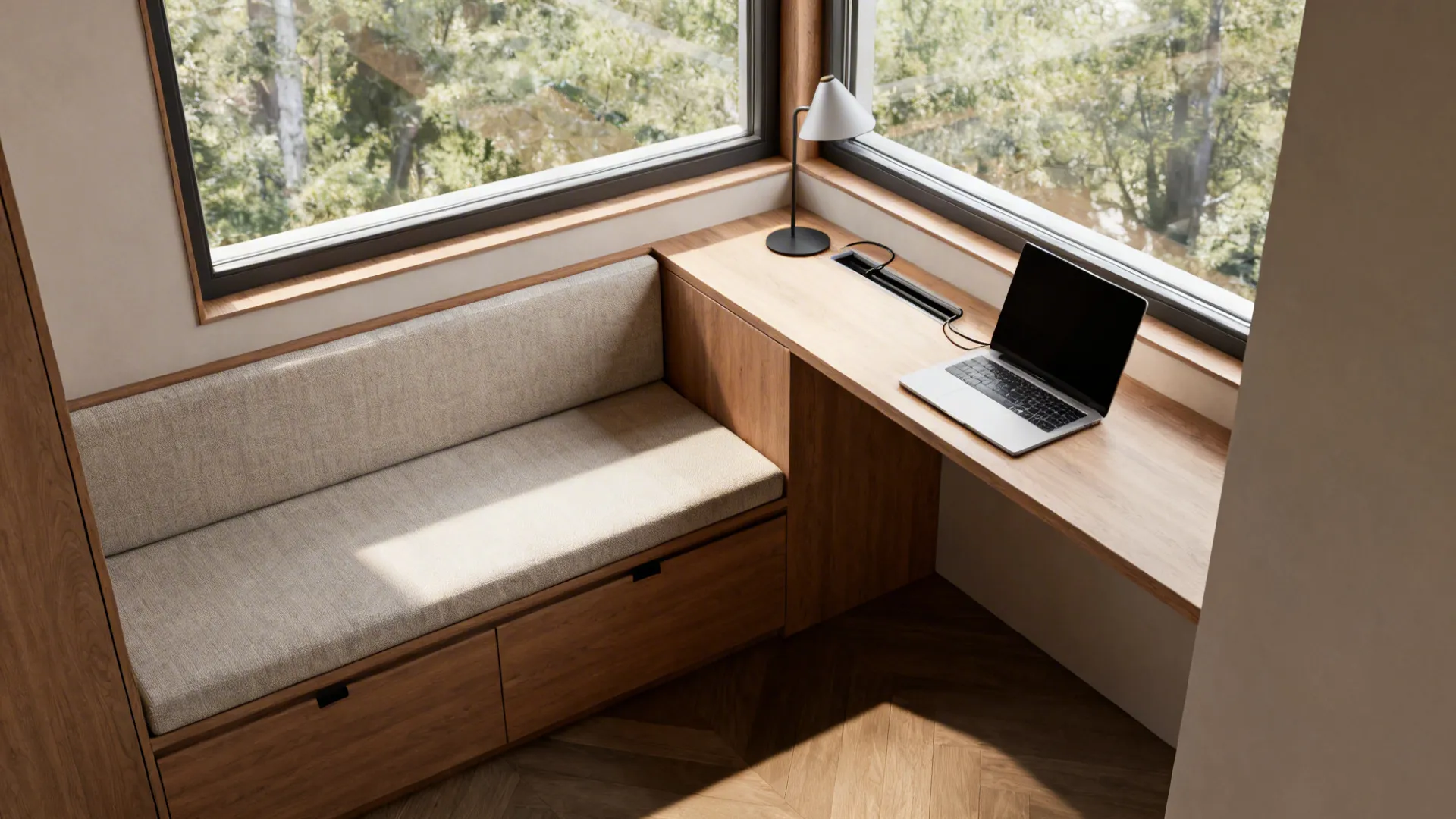 Window seat with a slim integrated desk and discreet cable management, top-down view.