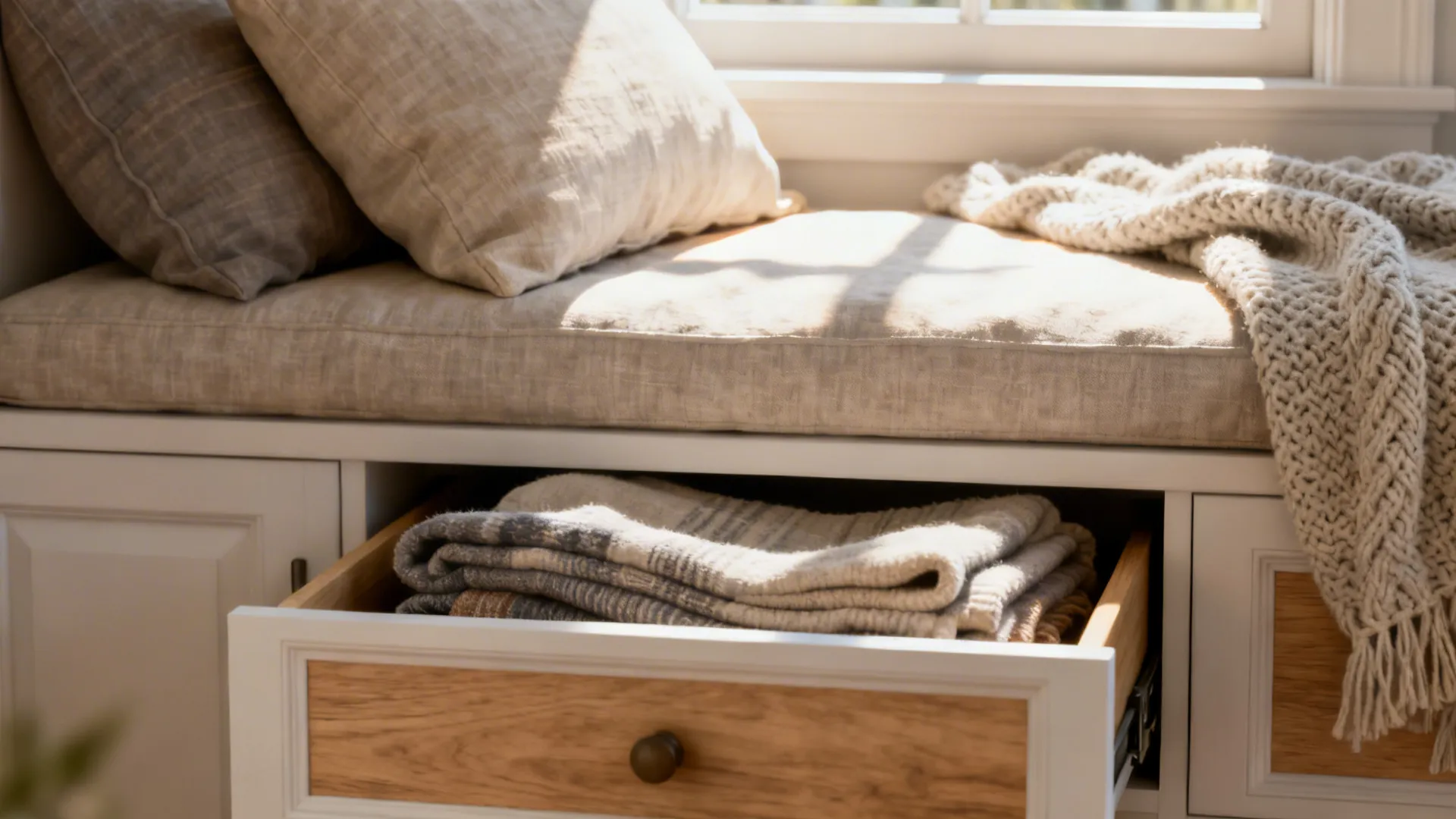 Close-up of a cushioned window seat with drawers open and folded blankets inside.