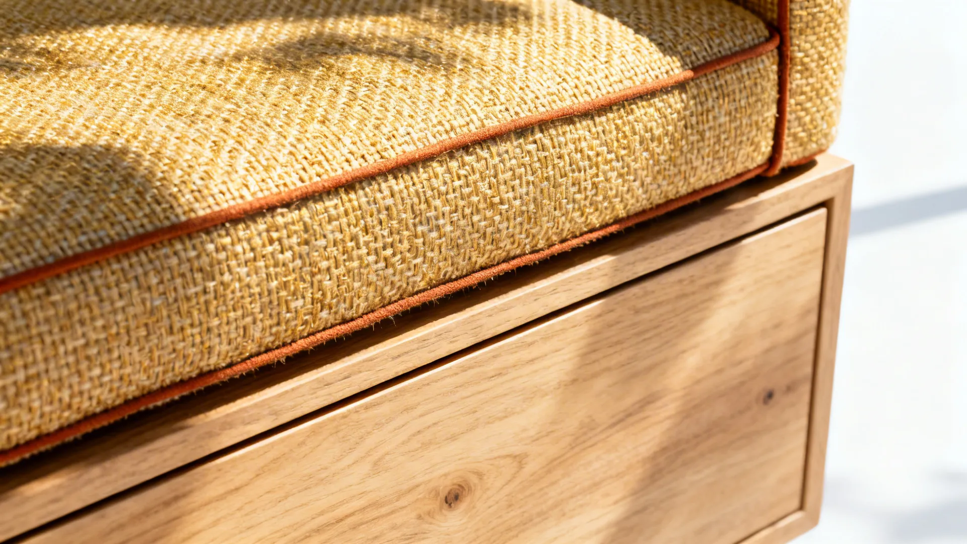 Close-up of outdoor-grade cushion fabric and oak drawer on a built-in window seat.