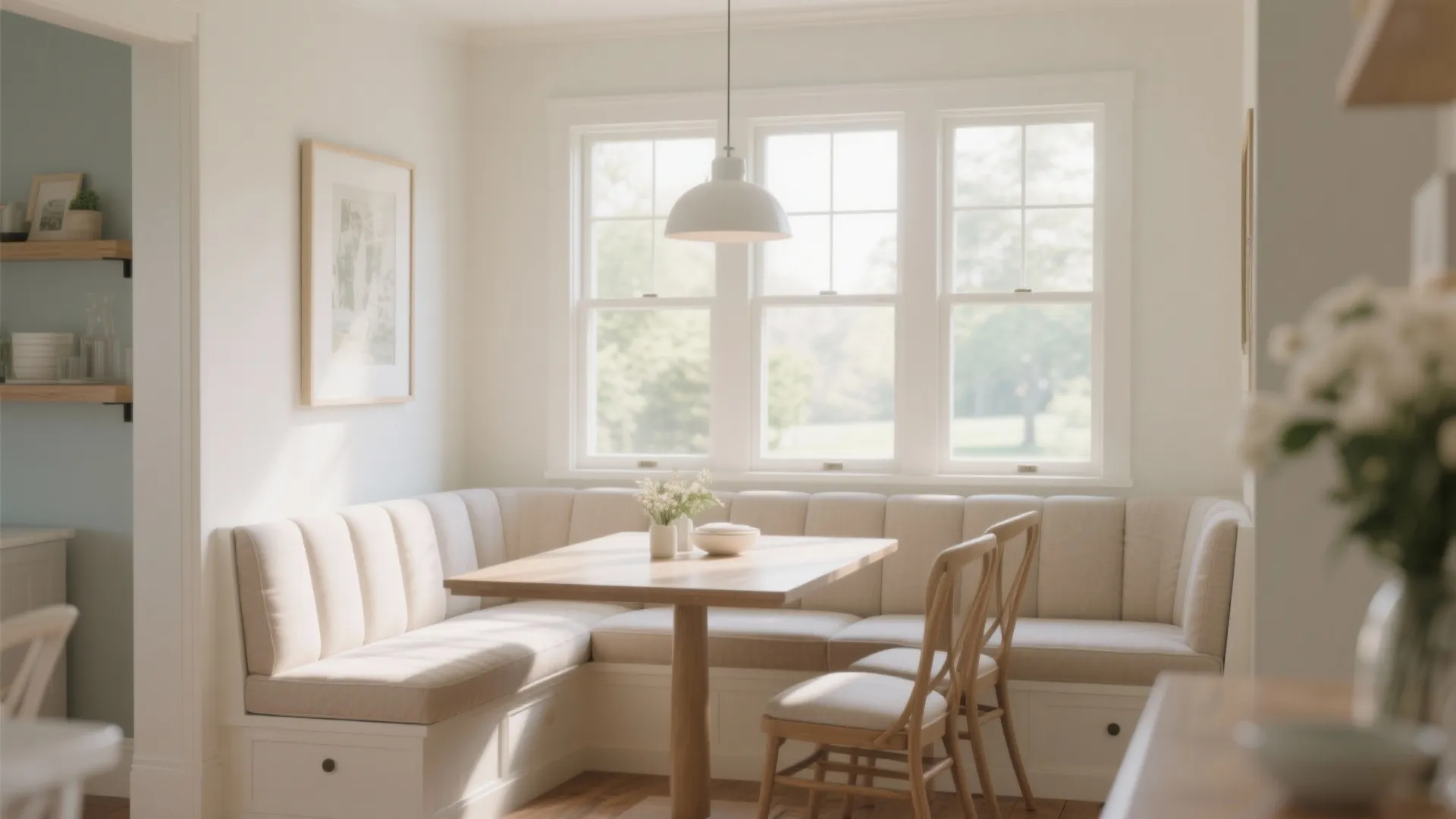 Cushioned window bench with dining table in cozy dining nook