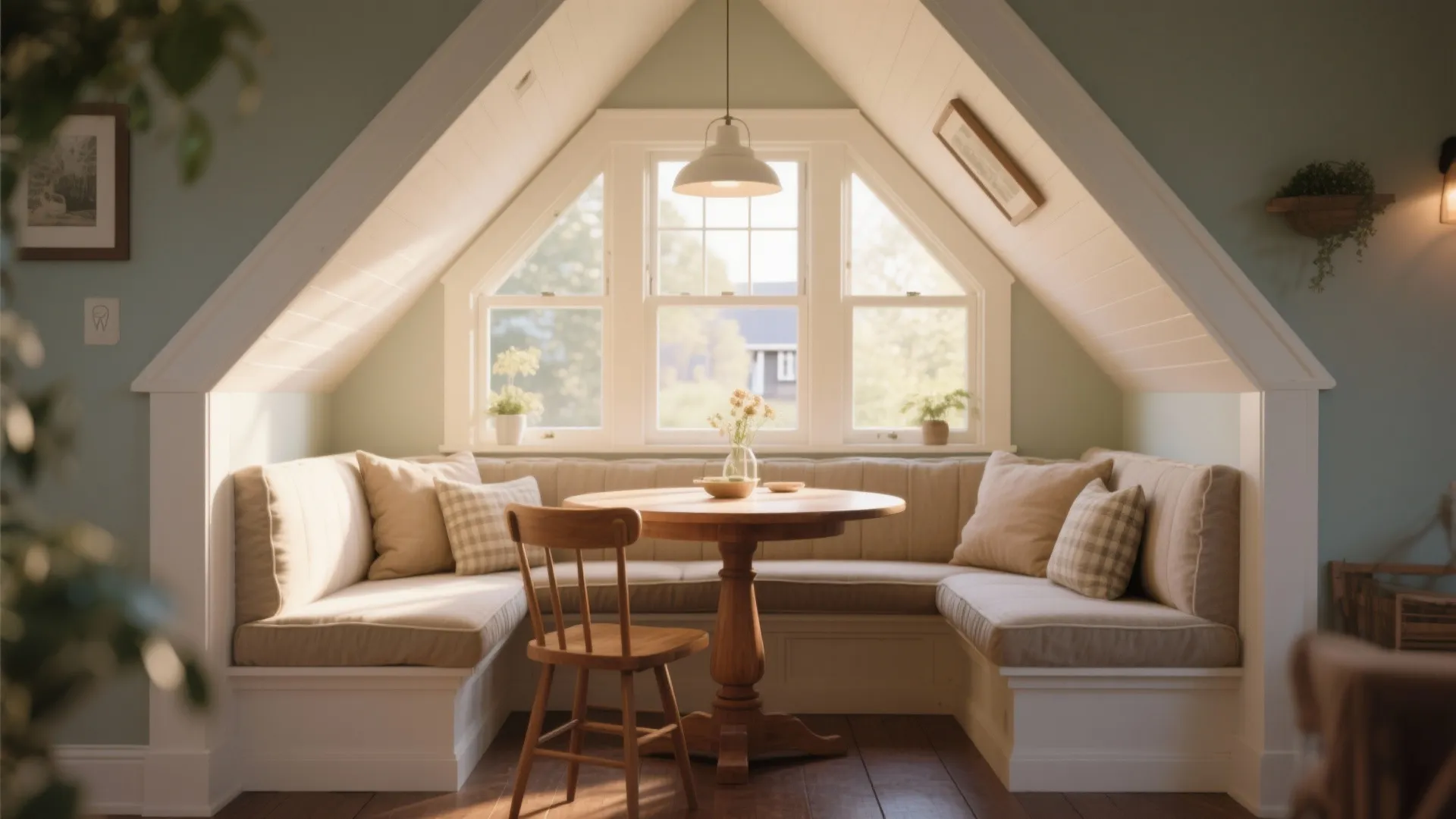 Cozy dining nook with round wooden table cushioned bench seat white ceiling light and bright view