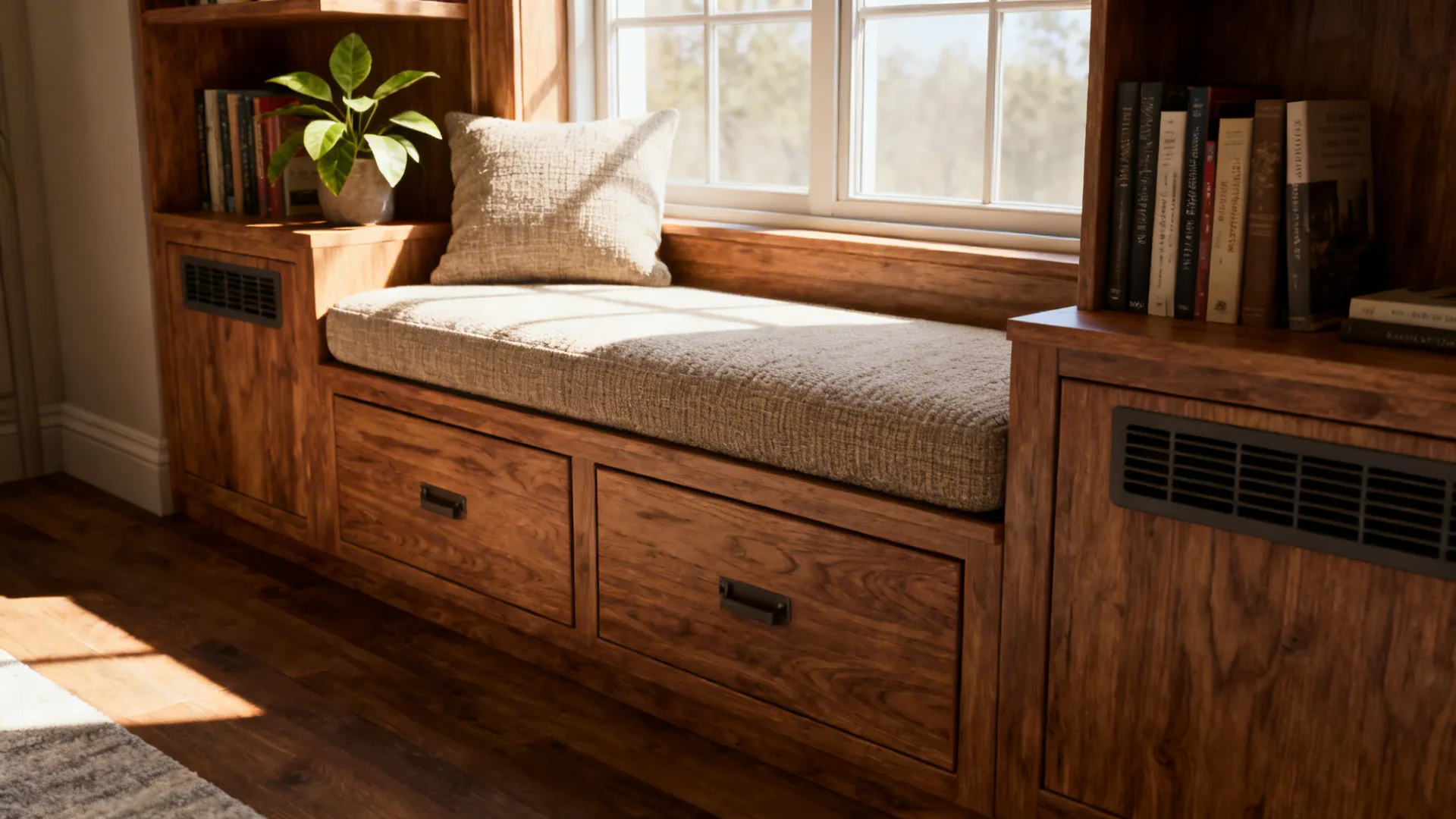 Cozy wooden window seat with grey cushion, decorative pillow, green plant, and storage drawers below