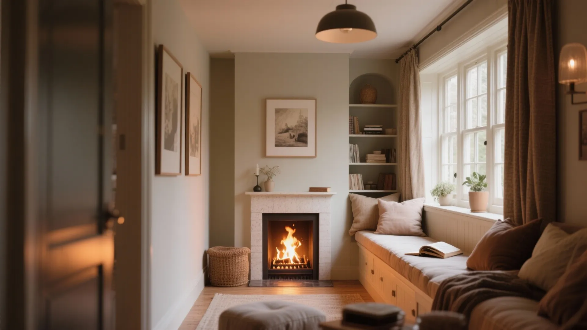 Built-in window bench seating beside a fireplace
