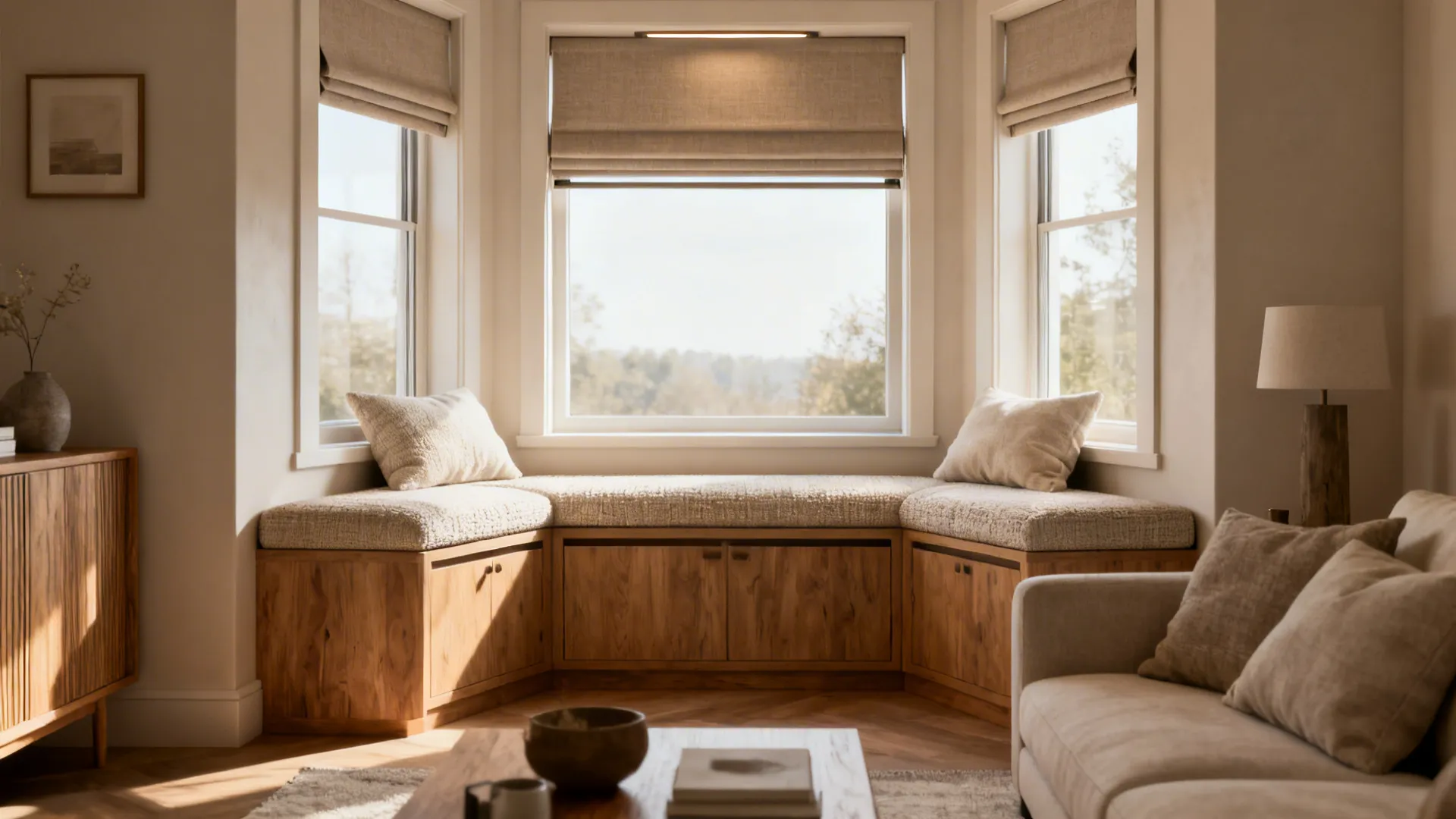 4. Upholstered window seats with integrated blinds