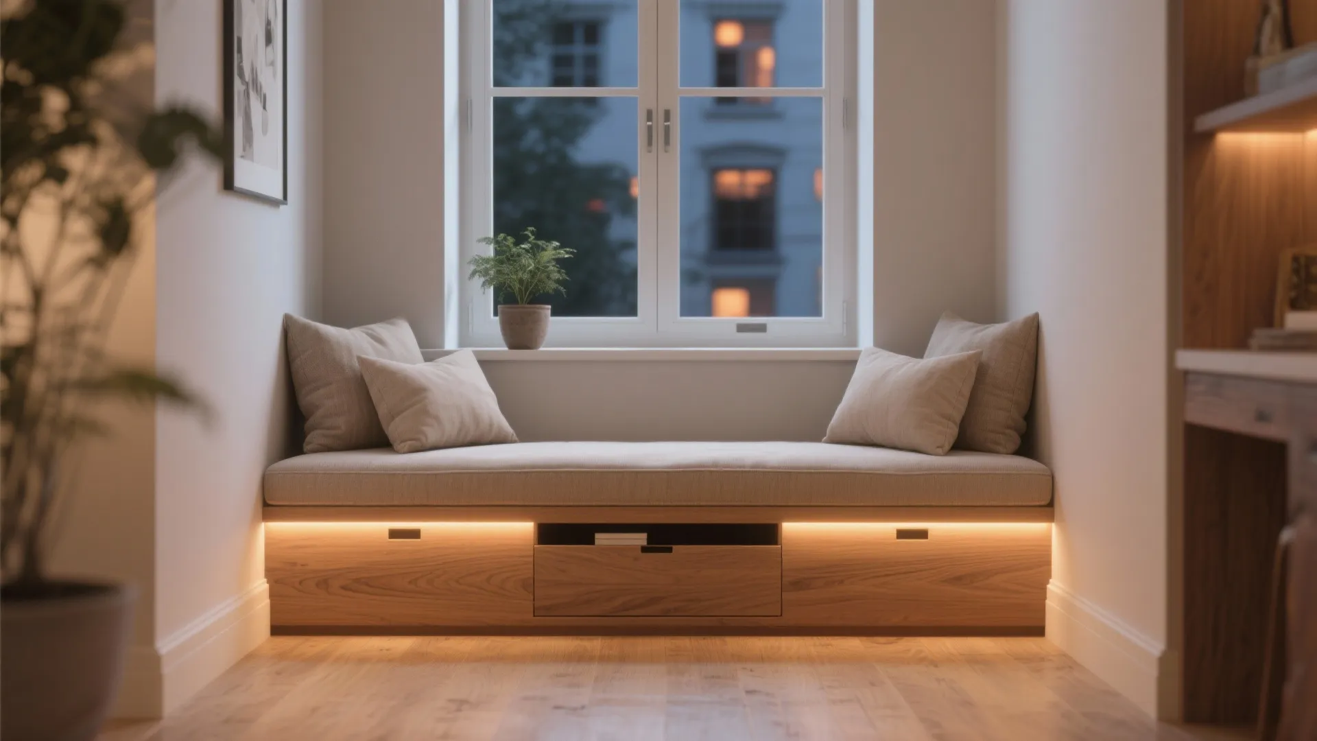 Modern window seat with cushions and built in wood storage featuring warm yellow led lighting