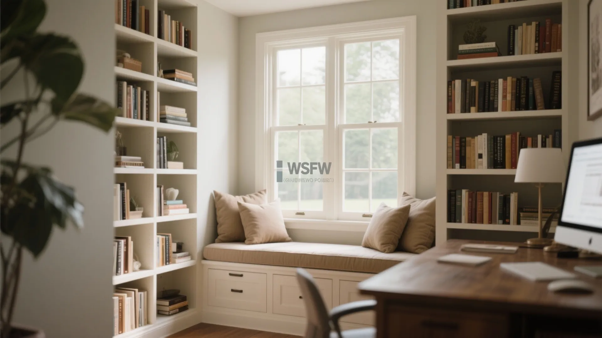 Cozy window seat with beige cushions between white built in bookshelves and wooden office desk