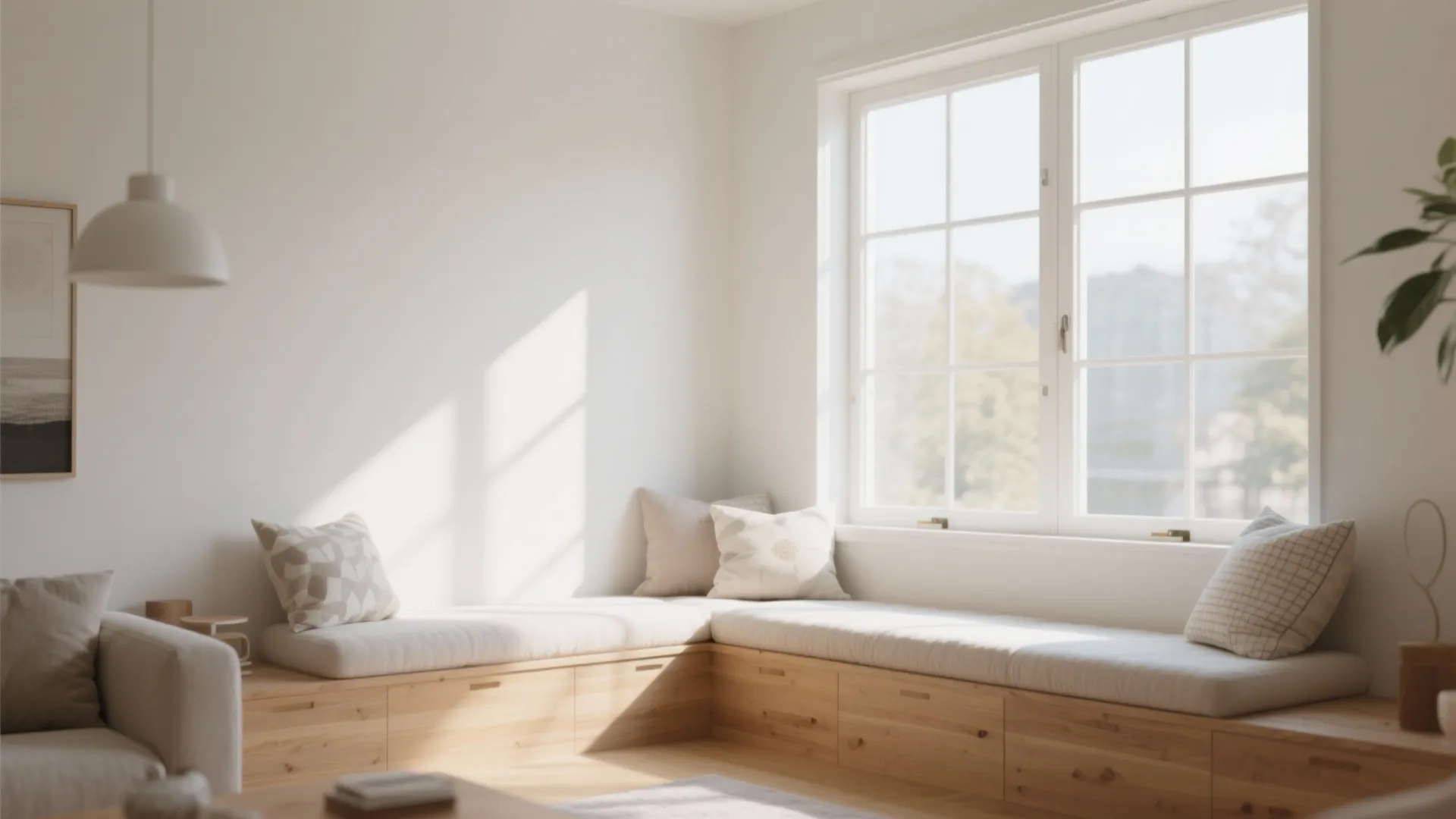 Minimalist white room with wooden window seat comfortable cushions and large windows letting in natural sunlight