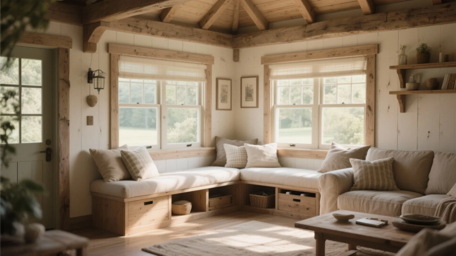 Rustic living area with wooden ceiling beams and a large window seat with beige pillows