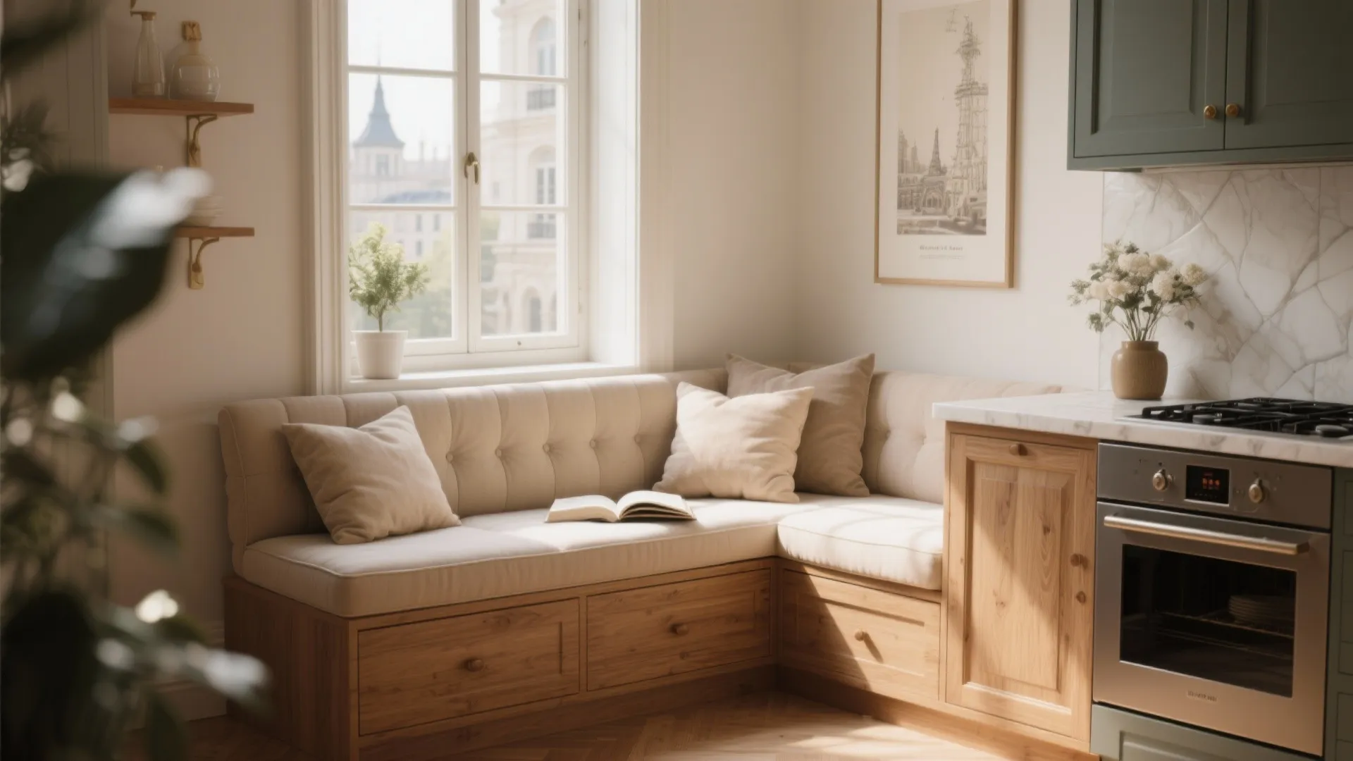 Cozy window seat nook with cushions and hidden storage