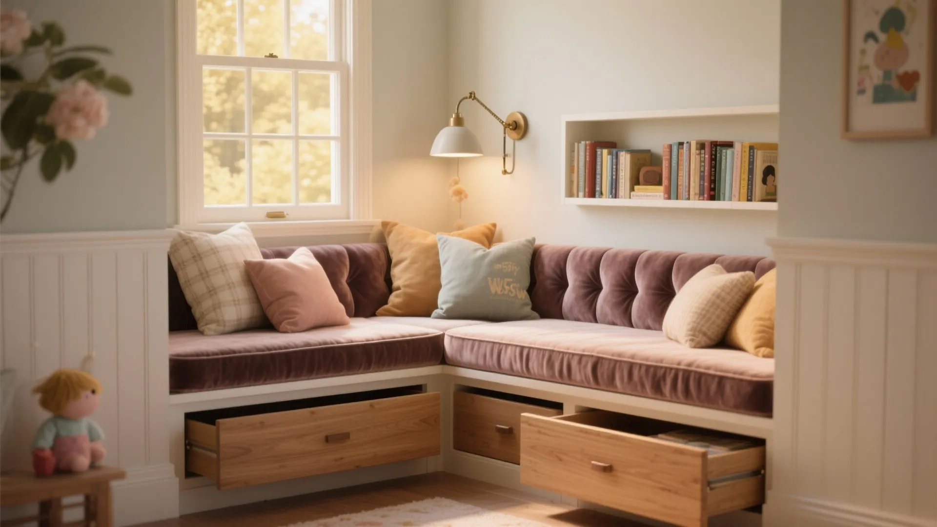 Cozy corner window seat with purple cushions wooden storage drawers wall light and white bookshelf