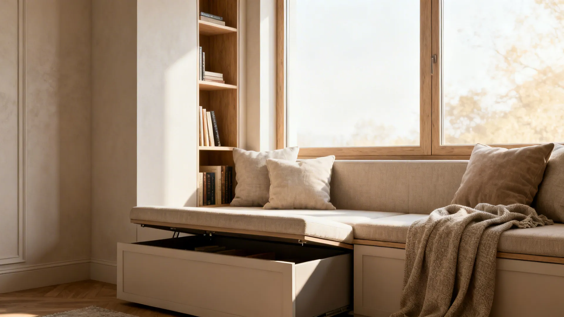 Window-seat reading nook integrated with built-in shelving and lift-up bench storage, sunlit and cozy.