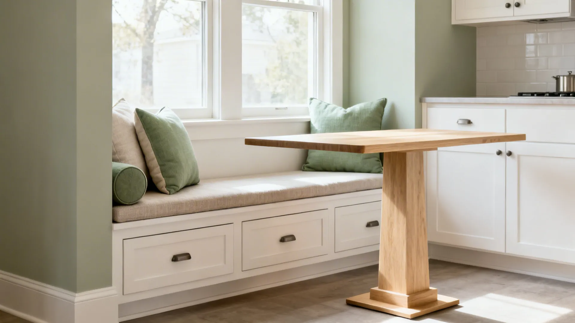 Built-in window seat with drawers and a narrow pedestal table in soft daylight.