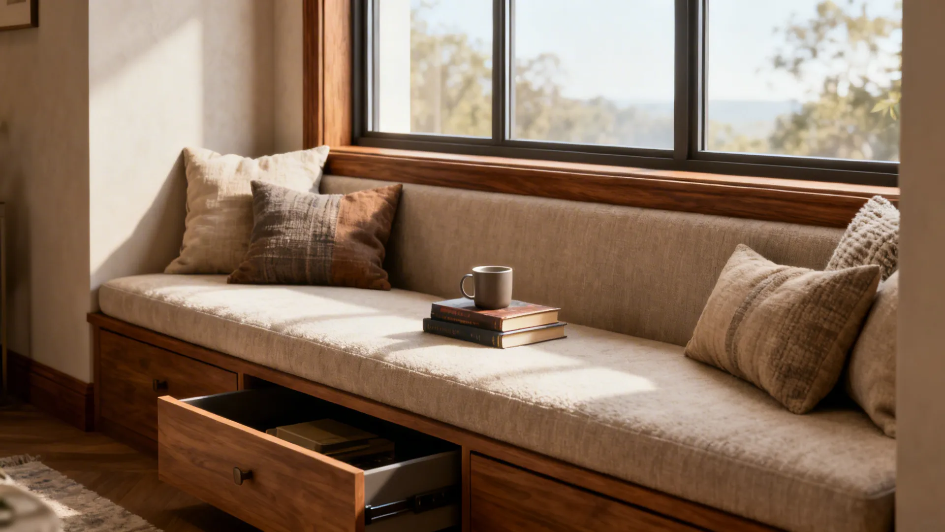 Built-in window bench with cushions and hidden storage, bathed in soft daylight.