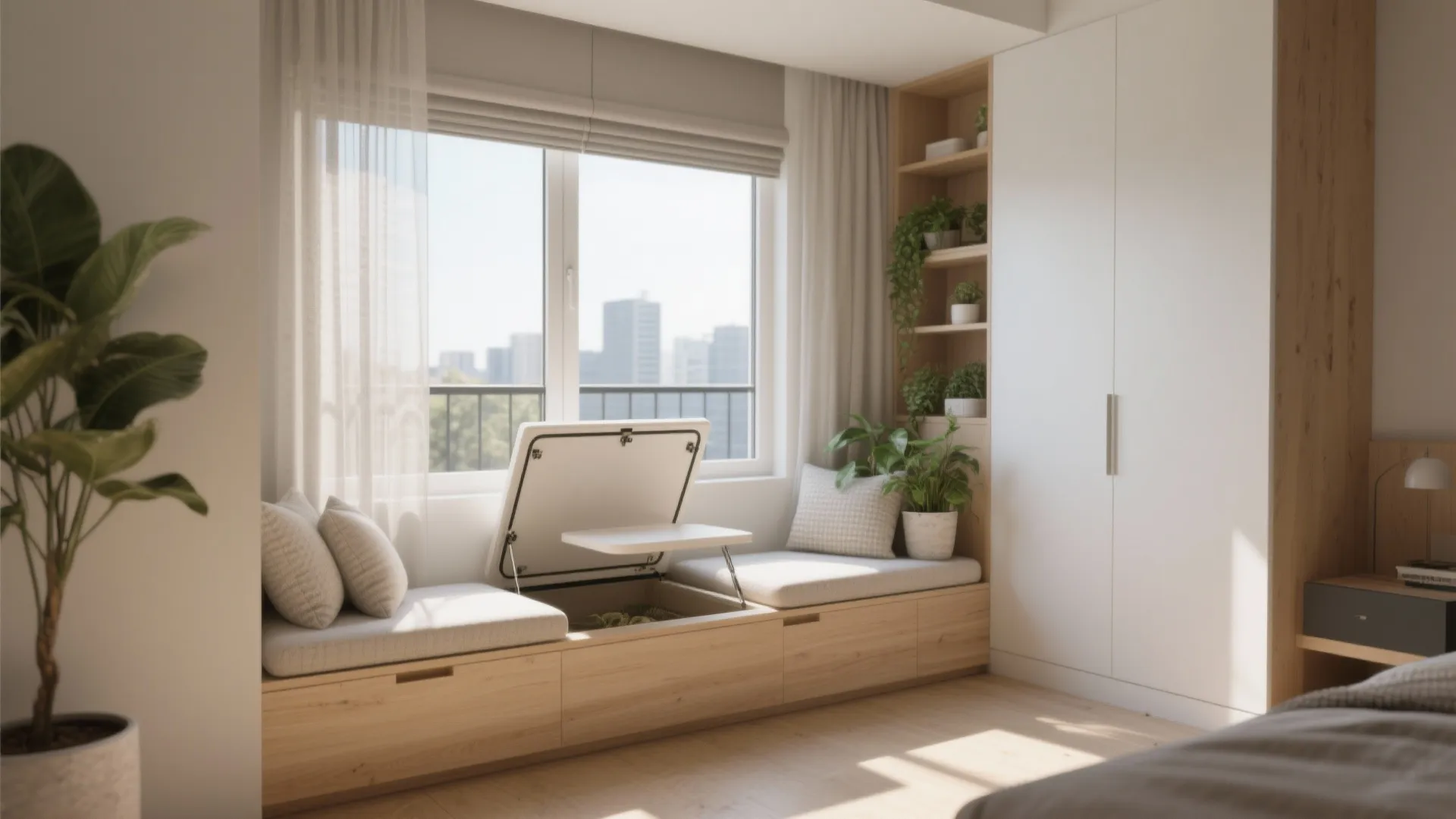 Window Seat With Storage, Plants, and Privacy Layers