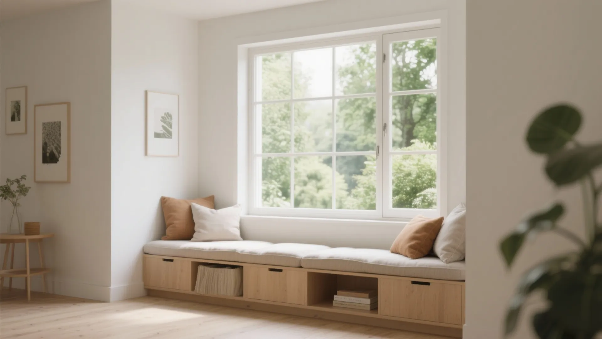 Built-in wooden window seat with soft cushions, pillows, storage cabinets, and view of green trees