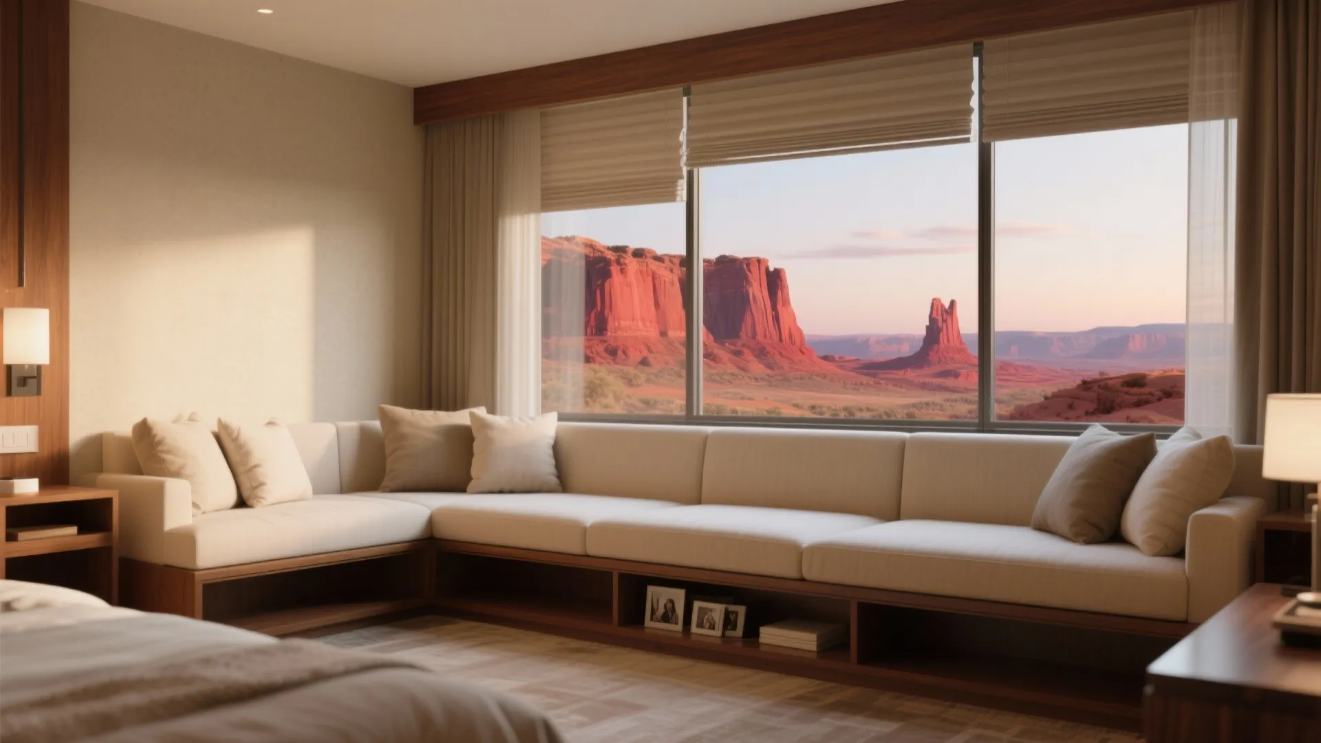 Layered window seating with low sofa and raised bench facing Sedona red-rock views