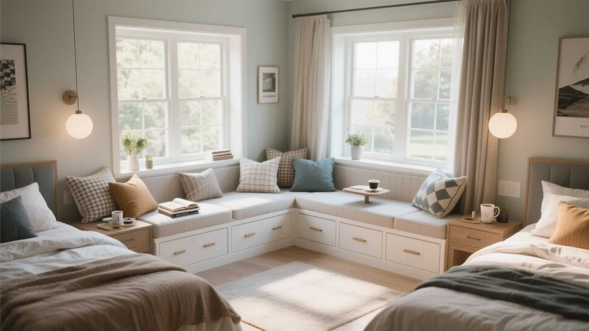 Corner window seat with storage drawers in a shared bedroom with two twin size beds