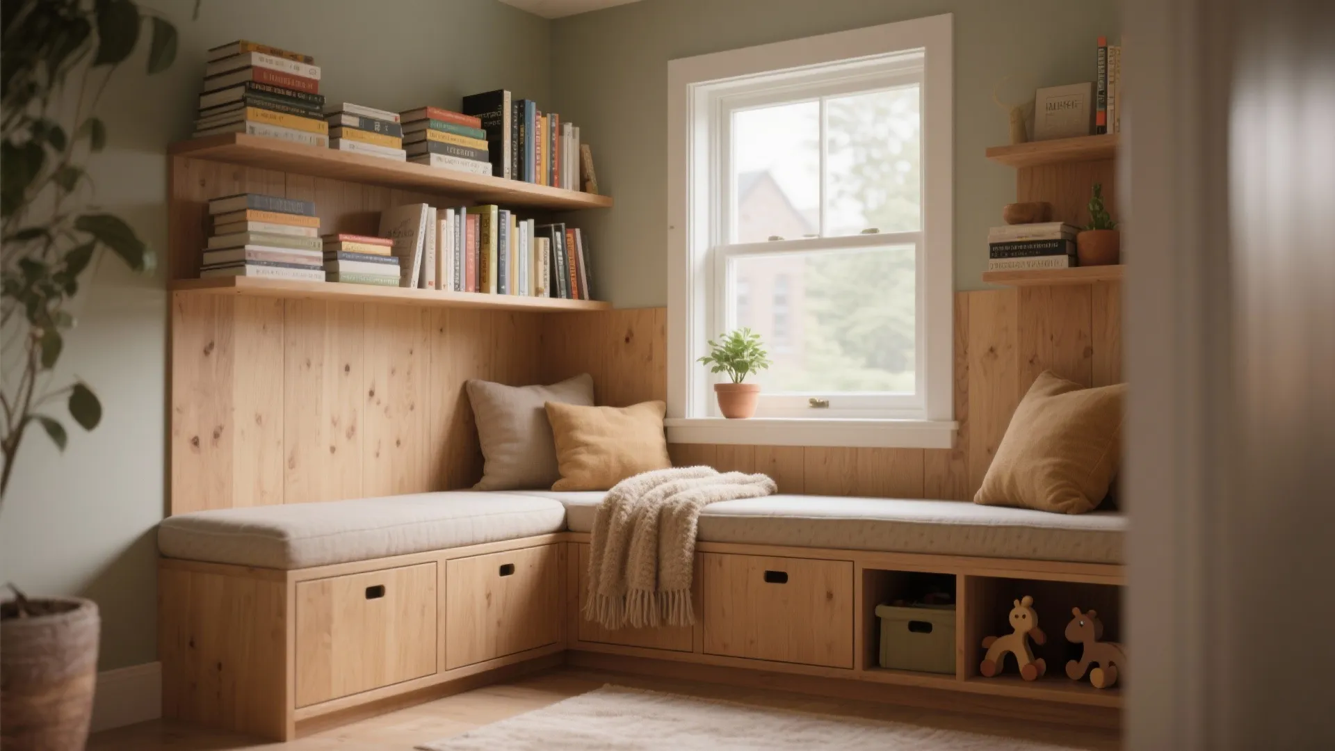 Corner window seat with wooden storage drawers and wall shelves filled with many colorful books